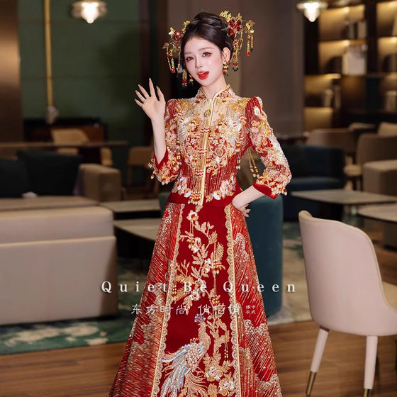 Summer High-End Xiuhe Suit 2025 New Bride Wedding Shoulder Phoenix Crown and Brocade Heavy Dragon and Phoenix Gown Toast Dress for Women