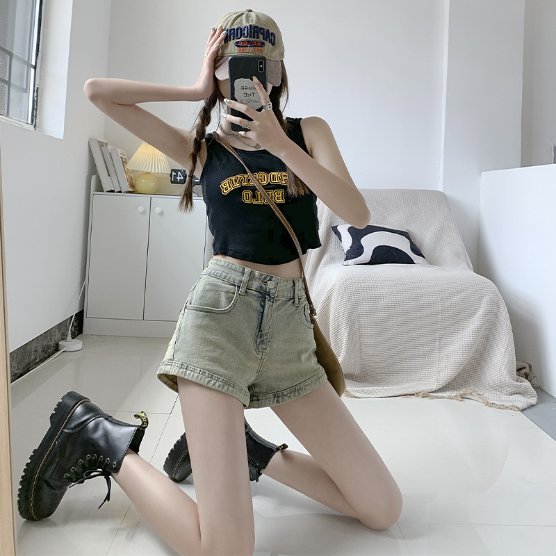 Pantalones cortos vaqueros para mujer, estilo retro americano, cintura alta