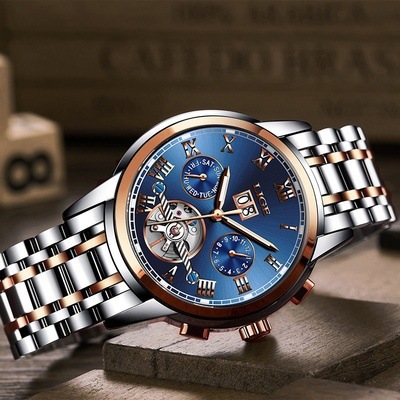 LIGE 9813 caliente-venta hueco transparente Tourbillon multifunción reloj mecánico automático correa de acero reloj de hombre