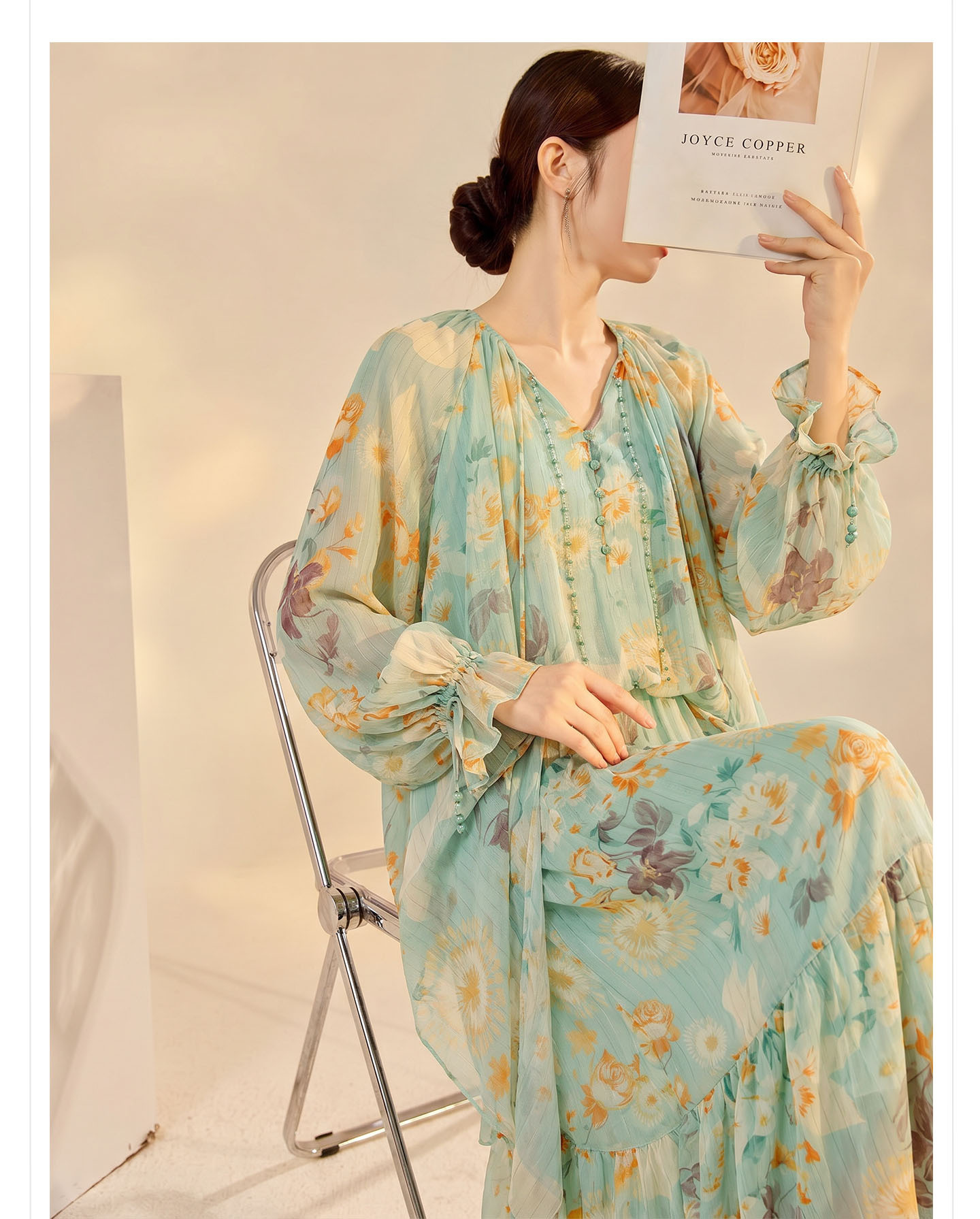 Váy maxi nữ phong cách Trung Quốc mới in họa tiết giả hai lớp thiết kế dáng dài mùa hè — Thiên Thanh chi tiết 3