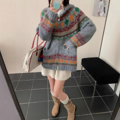 韩系复古菱形撞色连帽拉链针织毛衣女秋冬季费尔岛宽松氛围感开衫