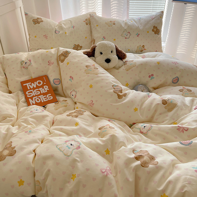 New cotton four-piece cotton bedding cartoon printed cute fun series dormitory bedding kit bed hat