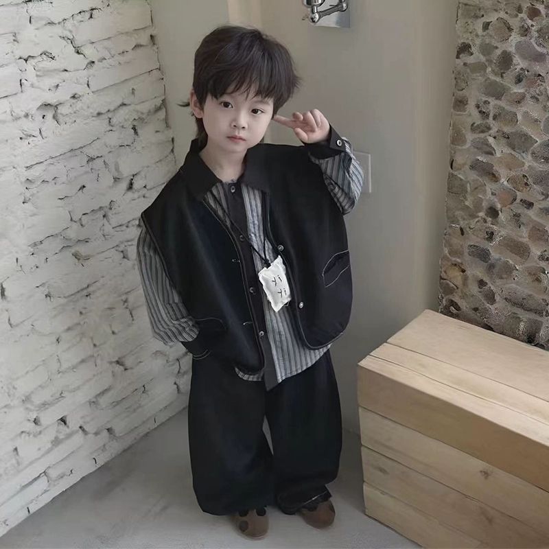 儿童秋季套装2025秋季新款男童韩版帅气衬衫牛仔坎肩牛仔裤三件套|undefined
