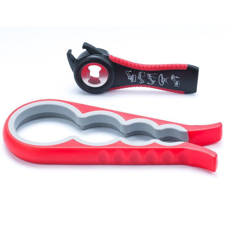 En stock abridor de cerveza cinco en uno abrebotellas herramienta de cocina multifuncional Cuatro en Uno abrelatas abrebotellas