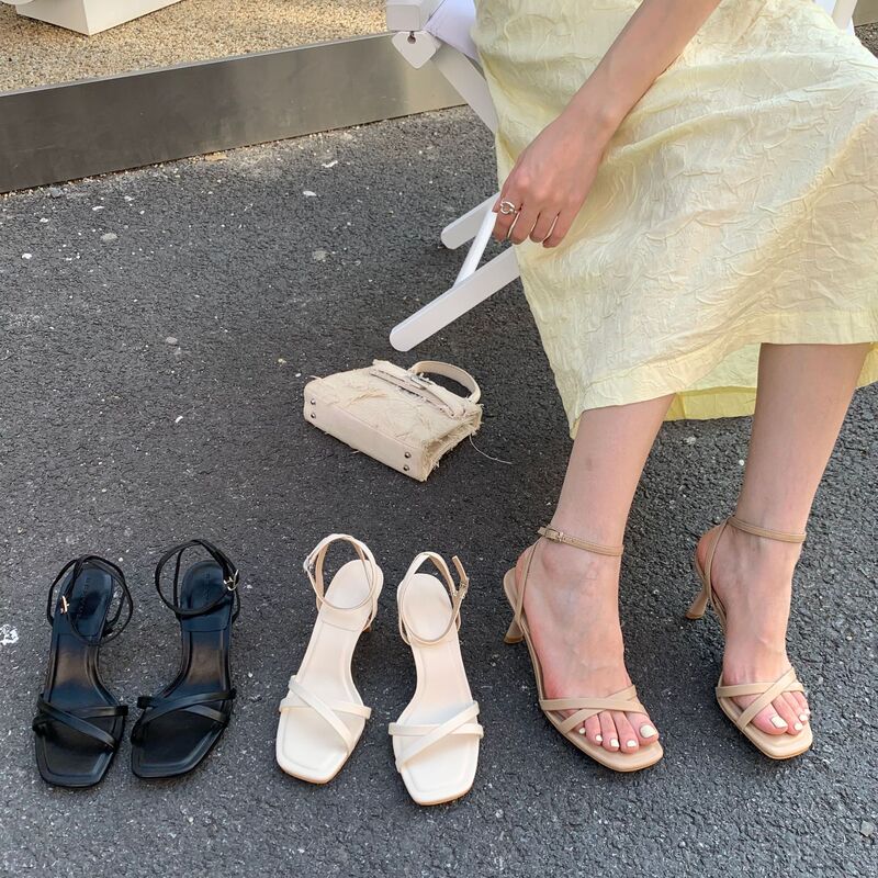 Elingstud 2025 New Summer White Square Toe Thin Strap High Heel Sandals with Skirt Are Super Beautiful