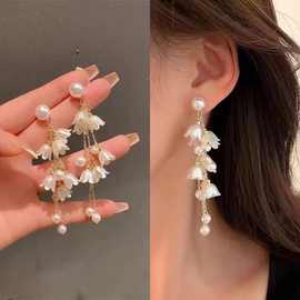 甜美铃兰花朵耳环女小众高级设计感长款流苏耳钉女纯银耳饰显脸瘦