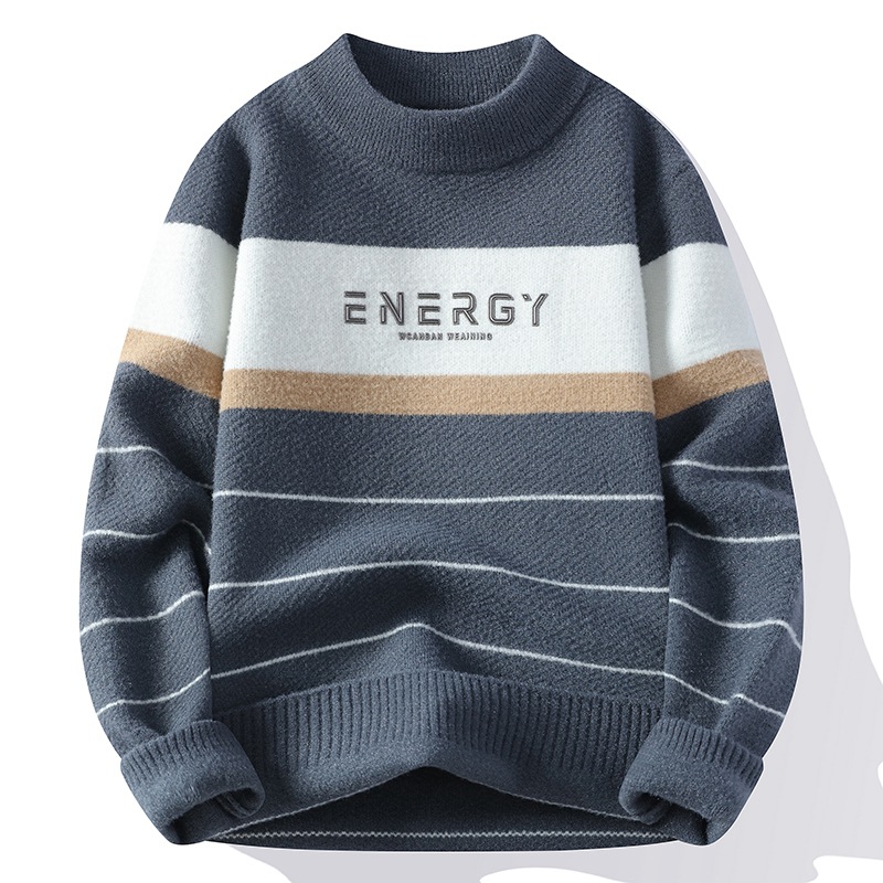 2025 Men's New Fashion Casual Sweater Sweater Autumn and Winter Color Block Striped Letter Printed Knitted Sweater