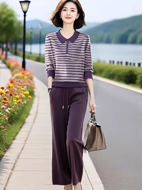 早秋2025新款时尚洋气假两件条纹针织衫高腰显瘦休闲裤两件套女装|undefined