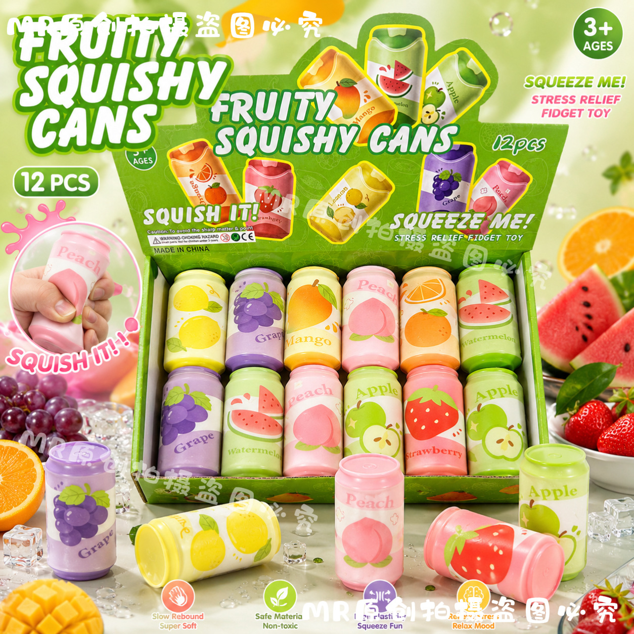Cross-border fruit drink squishy toy, realistic popular food toy, slow-rebound fruit can-shaped stress-relief toy