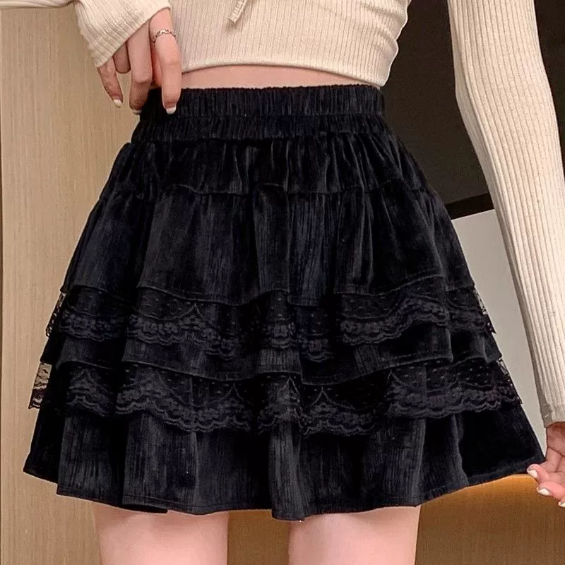 Кружевная юбка весна-осень 2024, новая корейская стильная юбка для студенток с высокой талией, А-силуэта, пышная короткая юбка