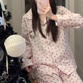 纯棉双层纱布睡衣女秋季100%纯棉棉纱长袖女睡衣insA类全棉家居服