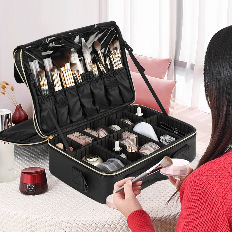 Fabricante de partición PU caja de maquillaje maquillaje portátil caja de herramientas de belleza bordado caja de herramientas cosméticos portátiles