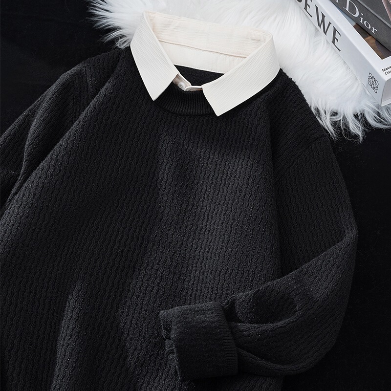 Men's faux two-piece sweater with shirt collar, knitted top, autumn and winter youth thickened shirt with collar, base layer Men's faux two-piece sweater with shirt collar, knitted top, autumn and winter youth thickened shirt with collar, base layer