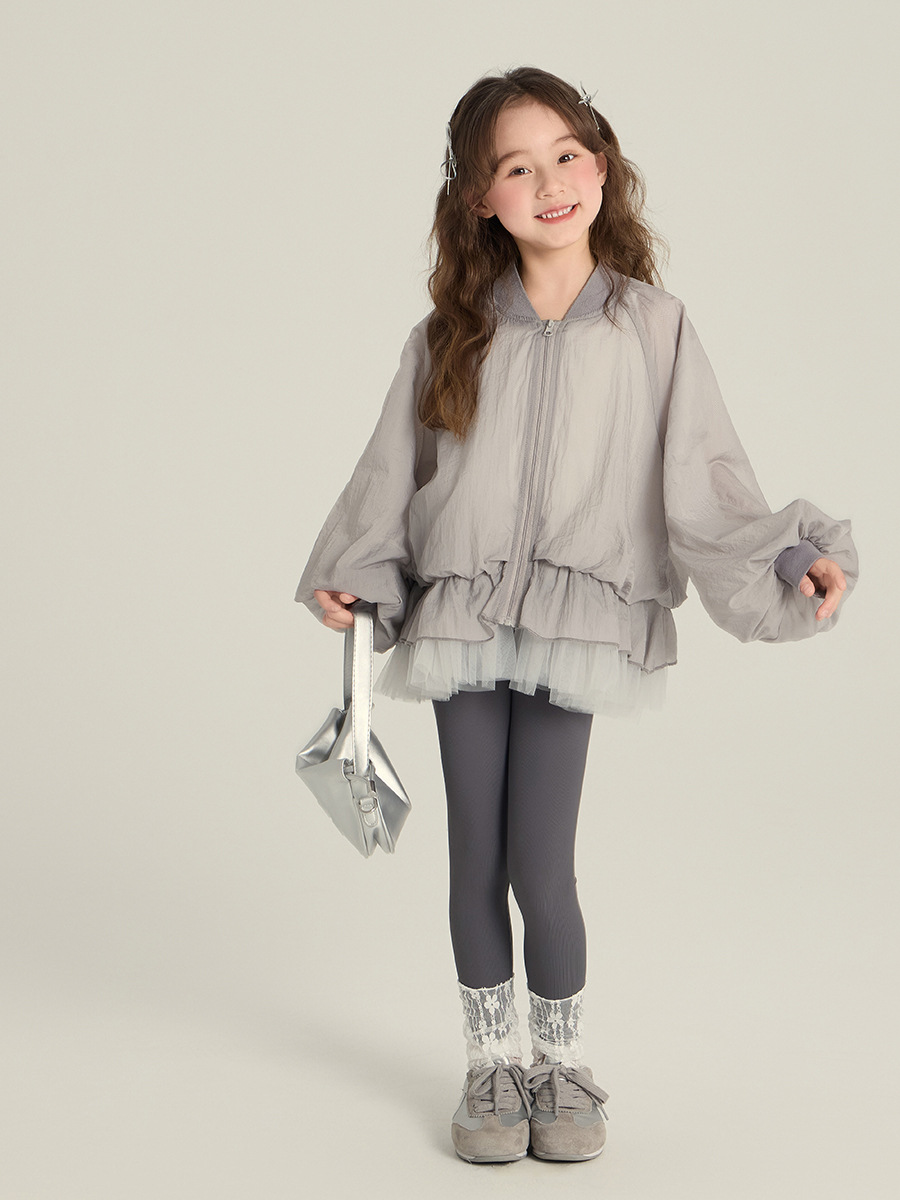 Elmo Beibei 2025 春の新スタイル中大型女の子韓国風プリンセススタイルメッシュ裾ジャケット花のつぼみトップ