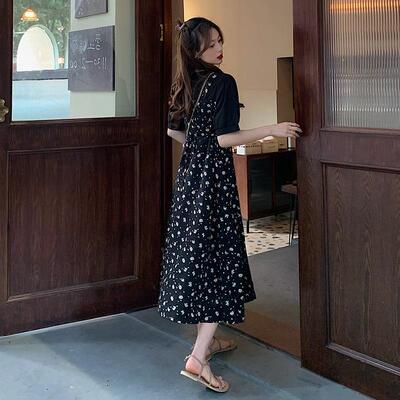 实拍现货大码女装胖MM2021夏季新款碎花雪纺假两件显瘦短袖连衣裙