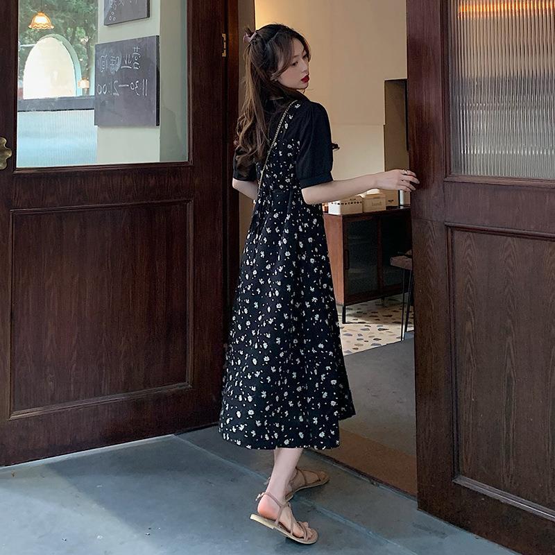 实拍现货大码女装胖MM2021夏季新款碎花雪纺假两件显瘦短袖连衣裙