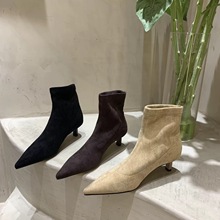 2025新款尖头细跟弹力靴女绒面短筒靴时尚气质舒适瘦瘦潮流马丁靴