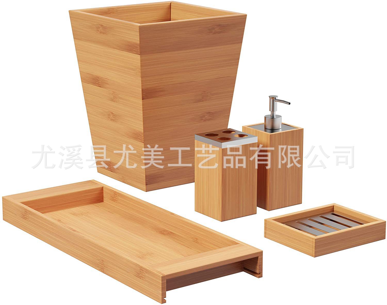 Accesorios de baño de bambú transfronterizos 5 piezas bandeja de madera dispensador de loción caja de jabón de bambú cepillo de dientes titular