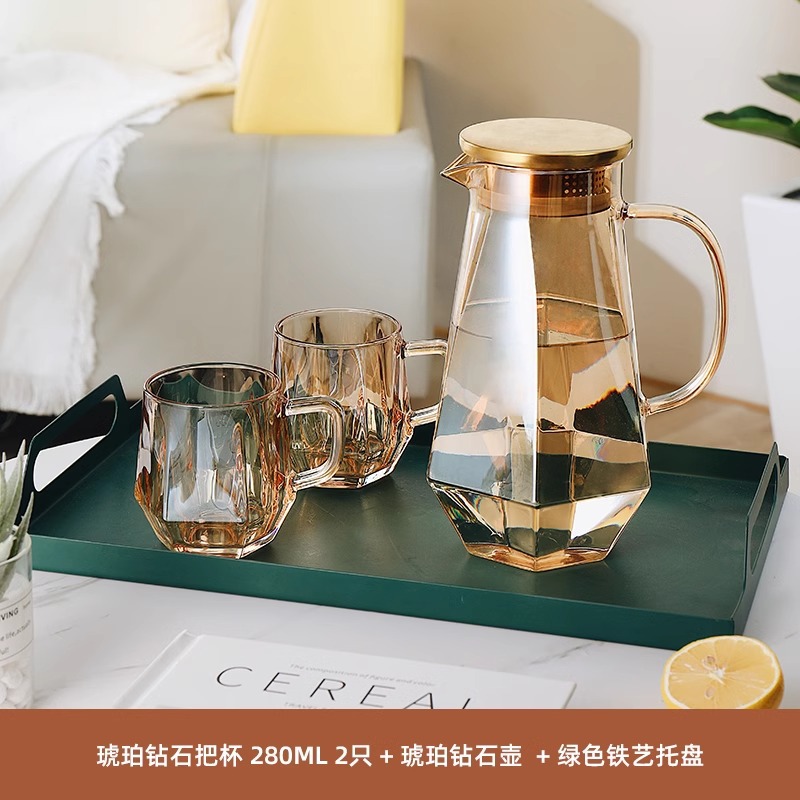 Vaso de cristal de diamante de lujo ligero ámbar, taza de agua para el hogar con asa, taza de té resistente al calor para la sala de estar, juego de taza de agua potable