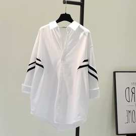 黑白条纹白色衬衫女2023秋季新款韩版BF风中长款衬衣宽松休闲外套