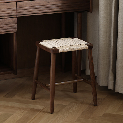 Nordic Minimalist Macrame Square Stool Black Walnut Dresser Bench Wooden Woven Living Room Small Dining Bench All Solid Wood Bench