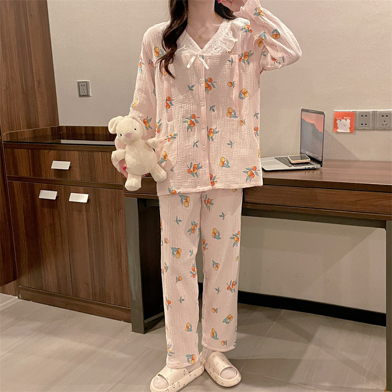 Spring Summer Autumn Thin Crepe Yuezi Suit Double-layer Cotton Yarn Lactation Lace Fresh Women's Large Size Pajamas Set