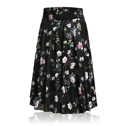 Summer Women's Half-length Skirt Thin Ice Silk Medium-length High-waist Embroidered Skirt with Large Hem, Dance Skirt for Middle-aged and Elderly Mothers