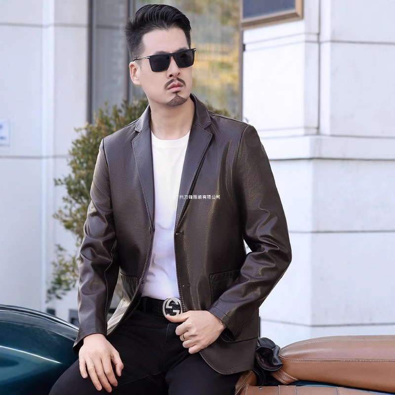 Haining Business Genuine Leather Suit Men's Simple Lapel Classy Casual Handsome Jacket Button Middle-Aged Versatile Jacket Autumn
