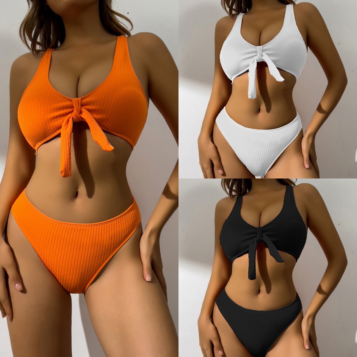 Traje de Baño Bikini de Dos Piezas Calado Unicolor con Textura Acanalada para Mujer Nailon, Poliéster Diseño calado para Natación