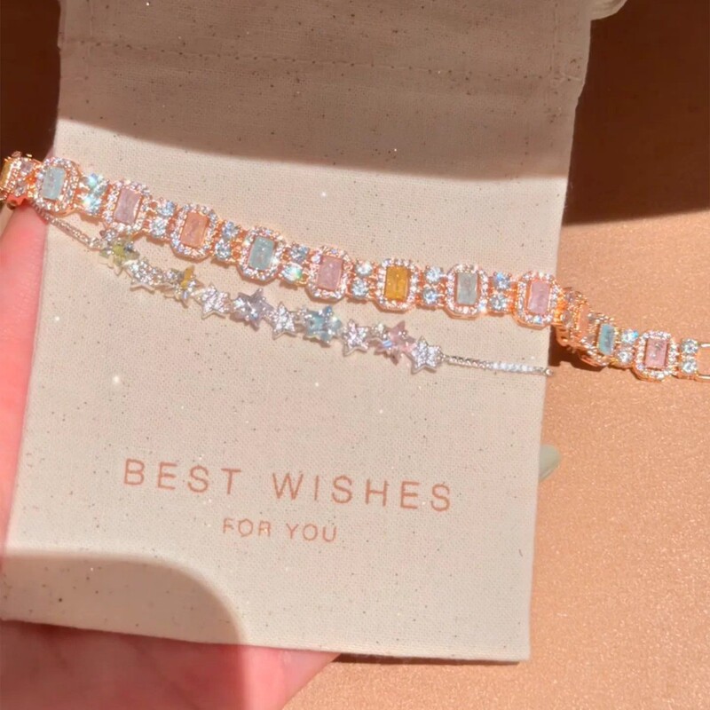Colorful dopamine sugar cube sparkling diamond bracelet, light luxury, elegant, unique and sophisticated, stackable sparkling diamond women's bracelet