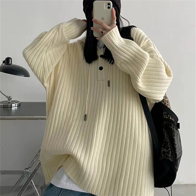 坑条连帽套头毛衣外套女秋冬新款跨境大码慵懒风宽松休闲针织衫女