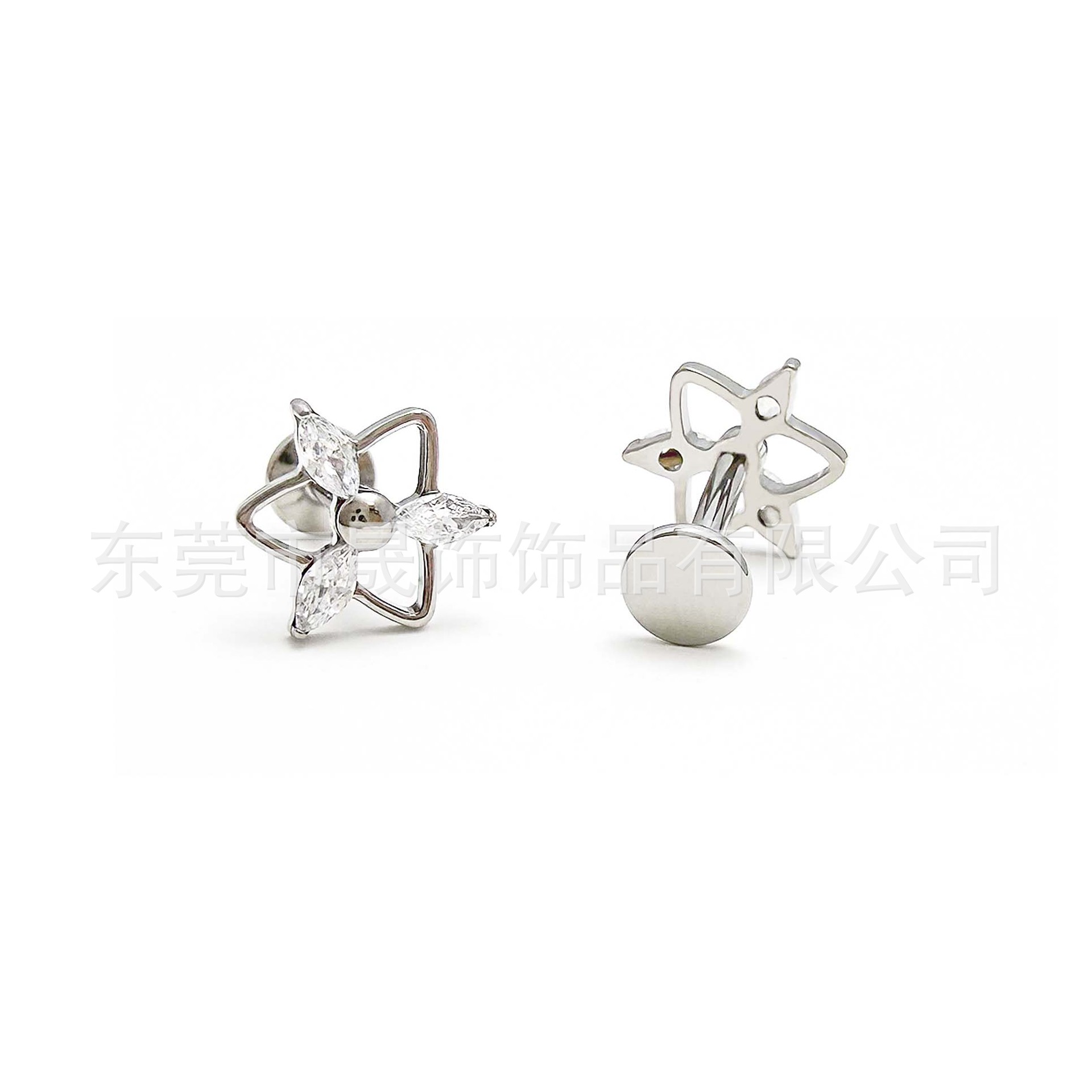 F136 Titanium 三角 Flower Cubic Zirconia Ear Stud Labret Stud G23 Implant Grade Titanium 人体 Piercing Jewelry Accessories 头 Cubic Zirconia 闪耀
