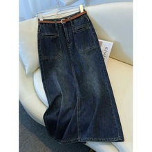 2023牛仔半身裙女新款秋季高腰字裙中长款复古显瘦后开叉包臀裙