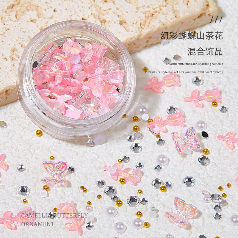 Camellia Nail Jewelry Steel Ball Pearl Diamond Stereo Butterfly Aurora Resin Sweet Cool Wind Nail Decoration Wholesale