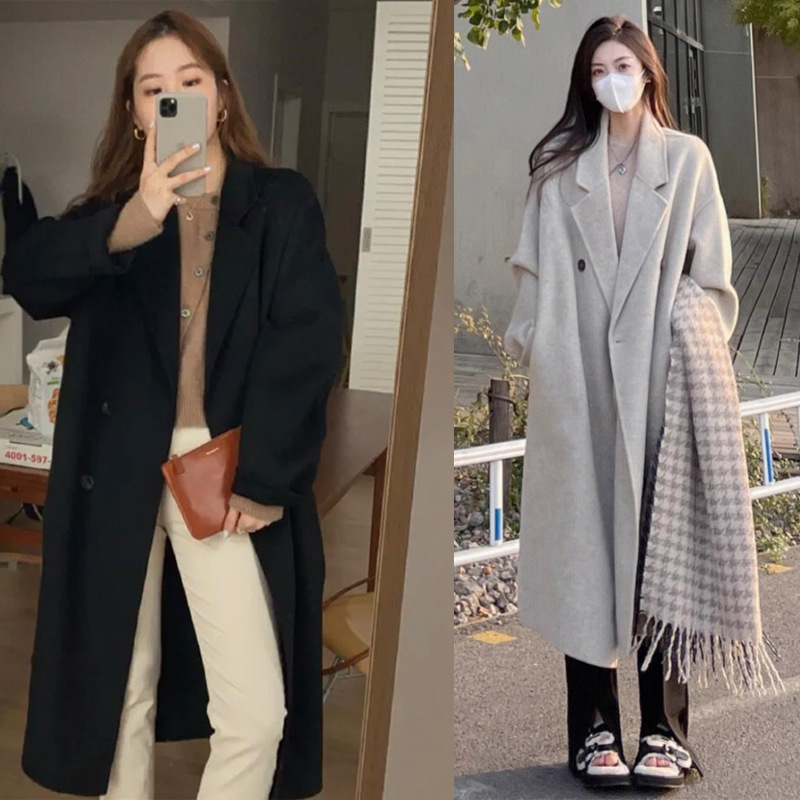 2025 New Autumn and Winter High-End Off-Season Oatmeal Color Double-Sided Velvet Coat Korean Style Loose Mid-Length Over-The-Knee Woolen Coat