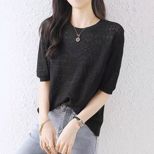 New Women's Lace Ice Silk T-Shirt 2025 Summer Thin Casual White Short-Sleeve Knit Top