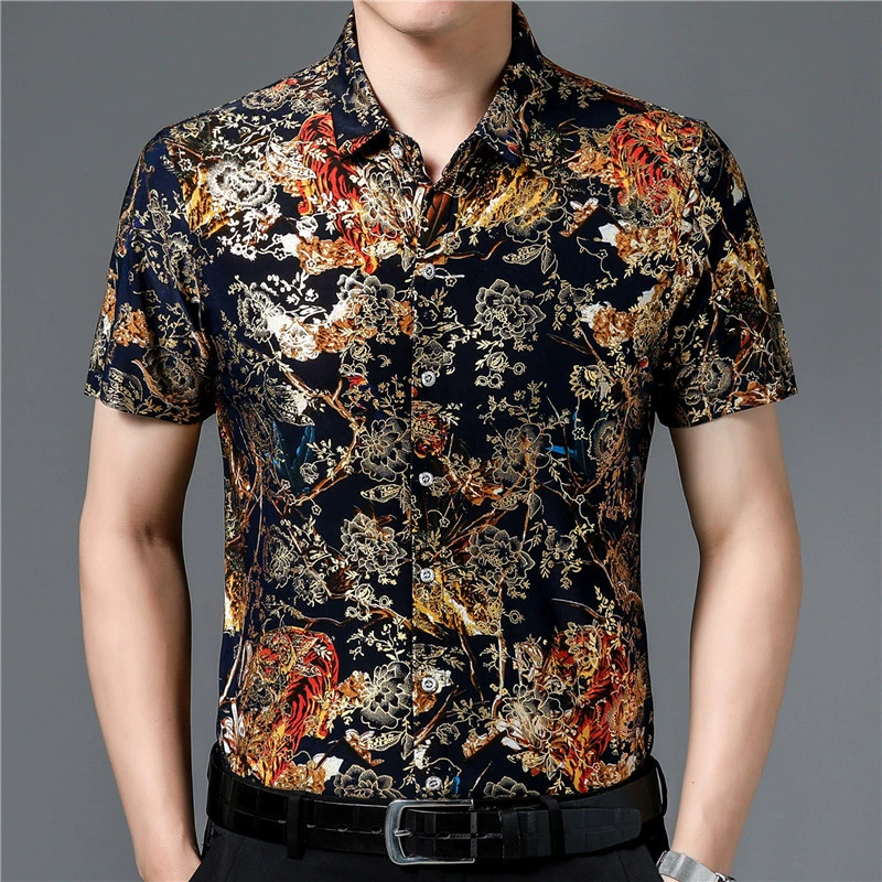 Мужские летние рубашки с короткими рукавами и цветочным принтом среднего возраста, свободные повседневные рубашки из ледяного шелка без глажки с половиной рукавов, тонкие топы из горячего золота, модные