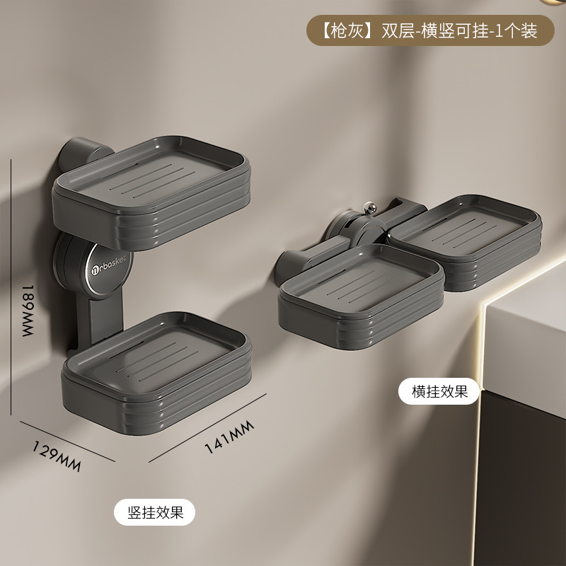 Caja de jabón ventosa sin perforación de doble estante de jabón para el baño 2024 nuevo tipo de caja de jabón de drenaje de pared