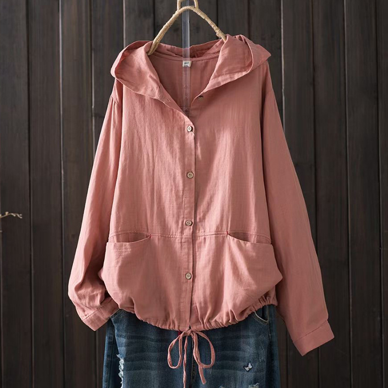 Japanese and Korean Pure Color Loose Large Size Double-Layer Cotton Yarn Hooded Long-Sleeved Lace-Up Cardigan Thin Outwear Women's Clothing Factory Dropshipping