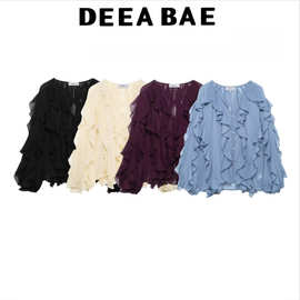 DEEABAE 2025春季新品女装欧美风叠层装饰时尚V领长袖衬衫4786063