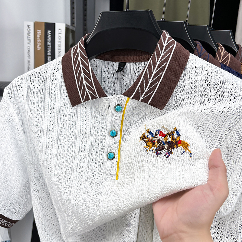 Cross-Border Popular Short-Sleeved T-Shirt Men's Autum Knitwear Embroidered Pattern Color Matching Jacquard Top for Young and Middle-Aged Dads