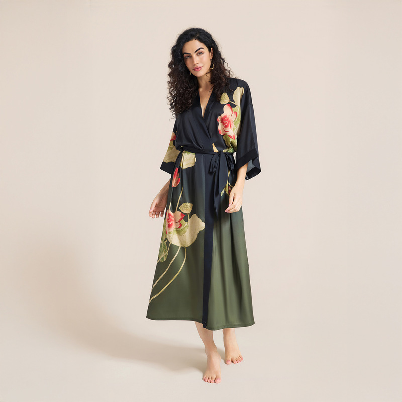 Yao Ting Satin Printed Pajamas for Women, Summer Plus Size, Light Luxury, Three-Quarter Sleeves, Cool Long Nightgown, Cross-Border Women's Loungewear Yao Ting Satin Printed Pajamas for Women, Summer Plus Size, Light Luxury, Three-Quarter Sleeves, Cool Long Nightgown, Cross-Border Women's Loungewear