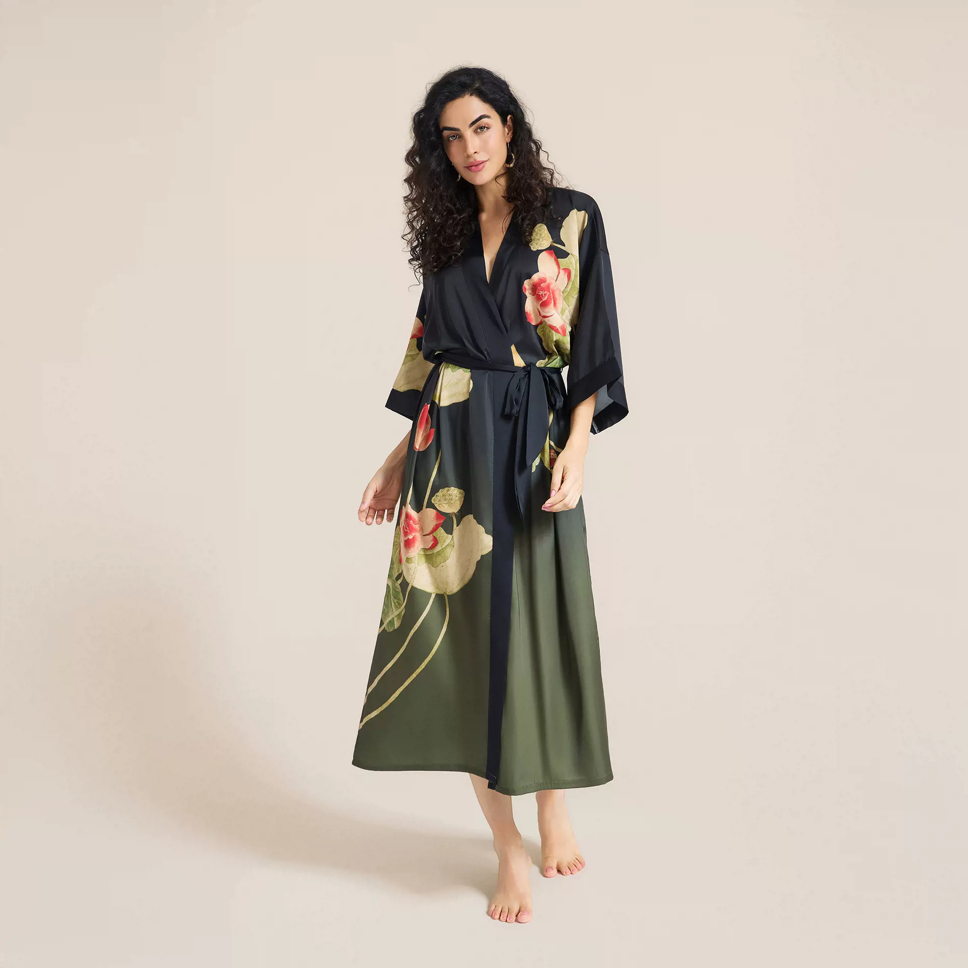 耀婷缎面印花睡衣女夏大码轻奢七分袖凉感长款睡袍跨境女士家居服