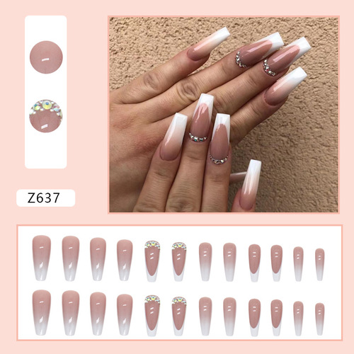 European and American long ballet gradient ins wind pile diamond fake nails white long French ladies special manicure nails