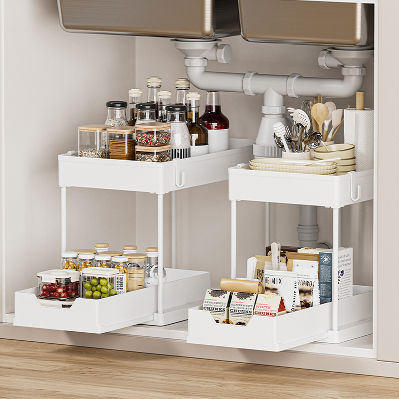 Double-Layer Large-Capacity Pull-Out Kitchen Storage Rack Drain Simple Organizing Rack Household Multi-Functional Storage Rack