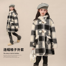 中大童黑色秋加厚2025新款冬季外套格子女童冬装中长款毛毛衣大衣