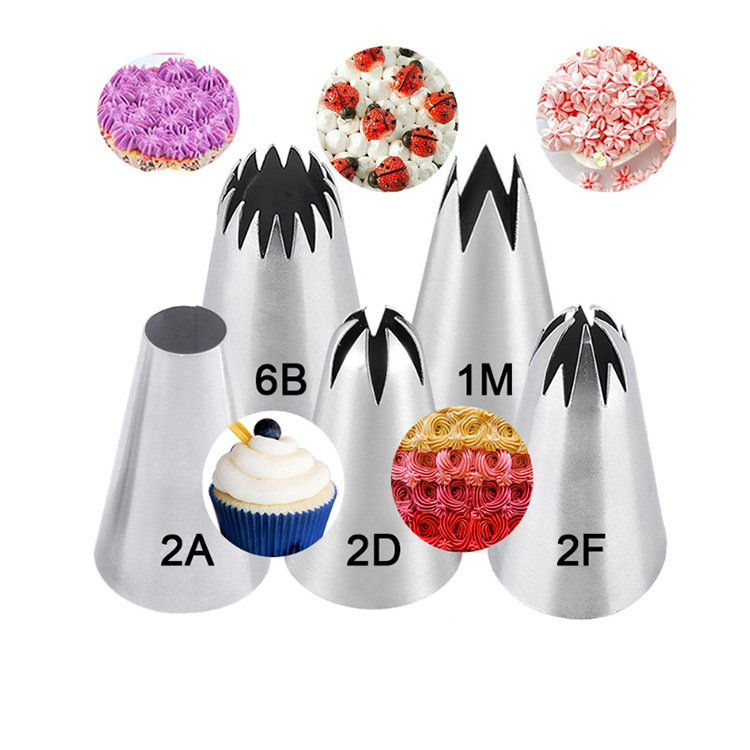 Stainless steel decorating nozzle five-pack 2A#6B# straight six-tooth rose cherry decorating nozzle baking tool