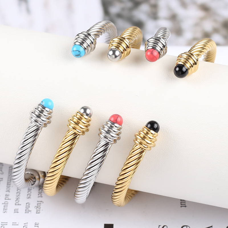 Fashion C Shape Titanium Steel Plating Agate Bangle