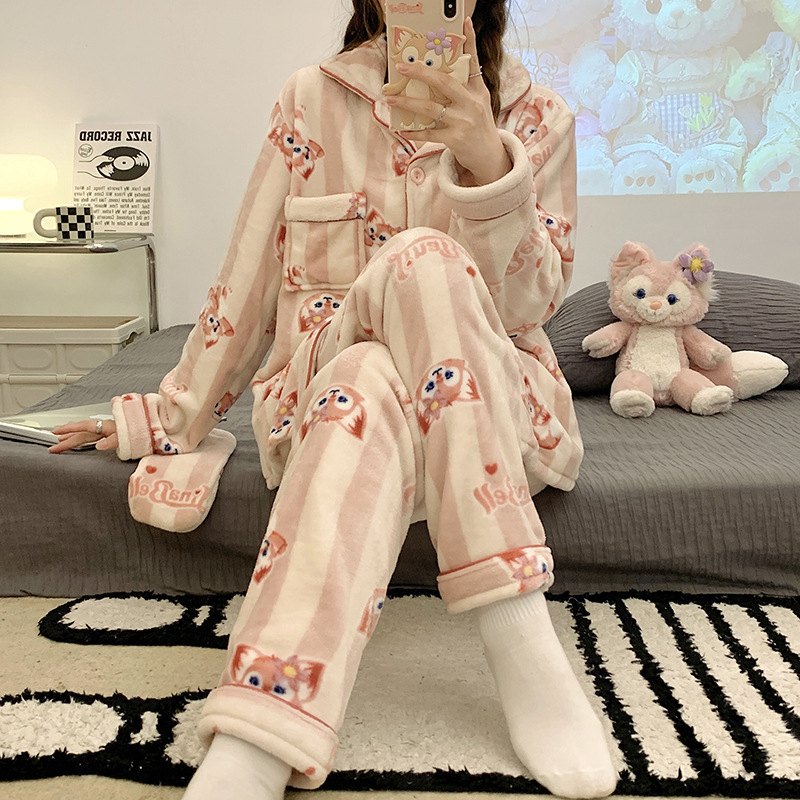 Internet celebridad pijamas de dibujos animados Las Mujeres franela solapa cardigan manga larga Otoño e Invierno máscara engrosada caliente desgaste del hogar traje