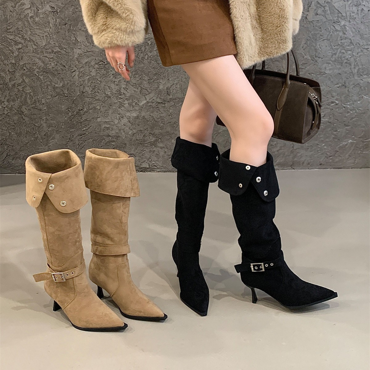 过膝长靴女两穿大筒围2025秋冬宽筒绒面尖头细跟高跟褶皱靴堆堆靴